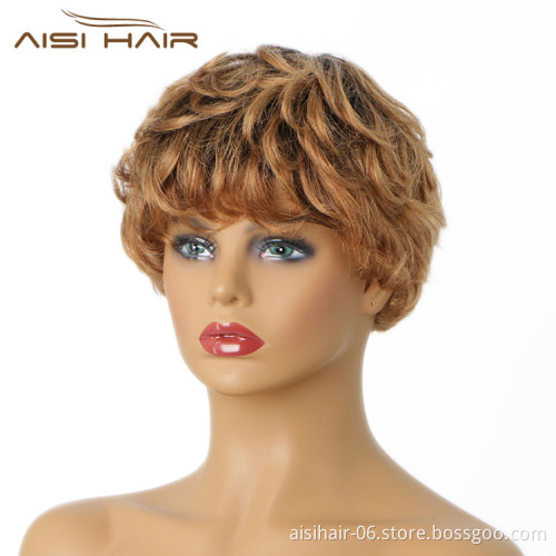 Aisi Hair Glueless Natural Kosher Wigs Brazilian In Dubai 150% Density Ombre Brown Pixie Cut Curly Wave Wig Human Hair